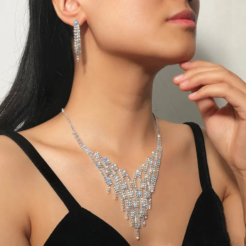 Geometric Rhinestone Necklace Earrings For Women Long Tassel Jewelry Sets Ladies Weddings Banquet Accessory