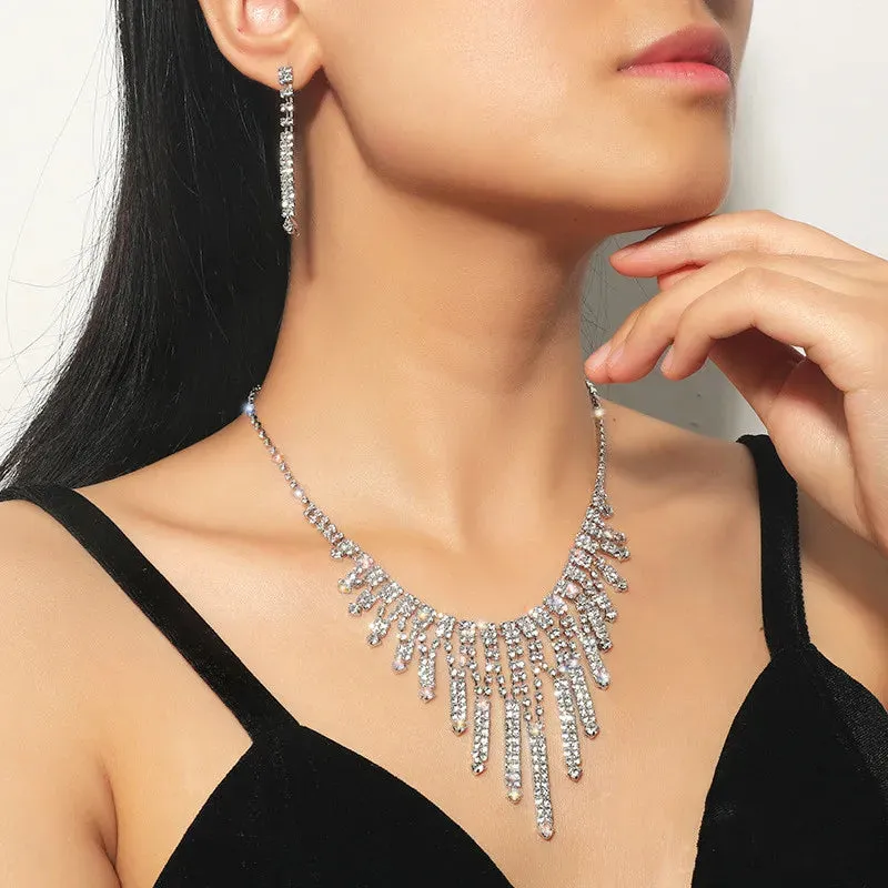 Geometric Rhinestone Necklace Earrings For Women Long Tassel Jewelry Sets Ladies Weddings Banquet Accessory