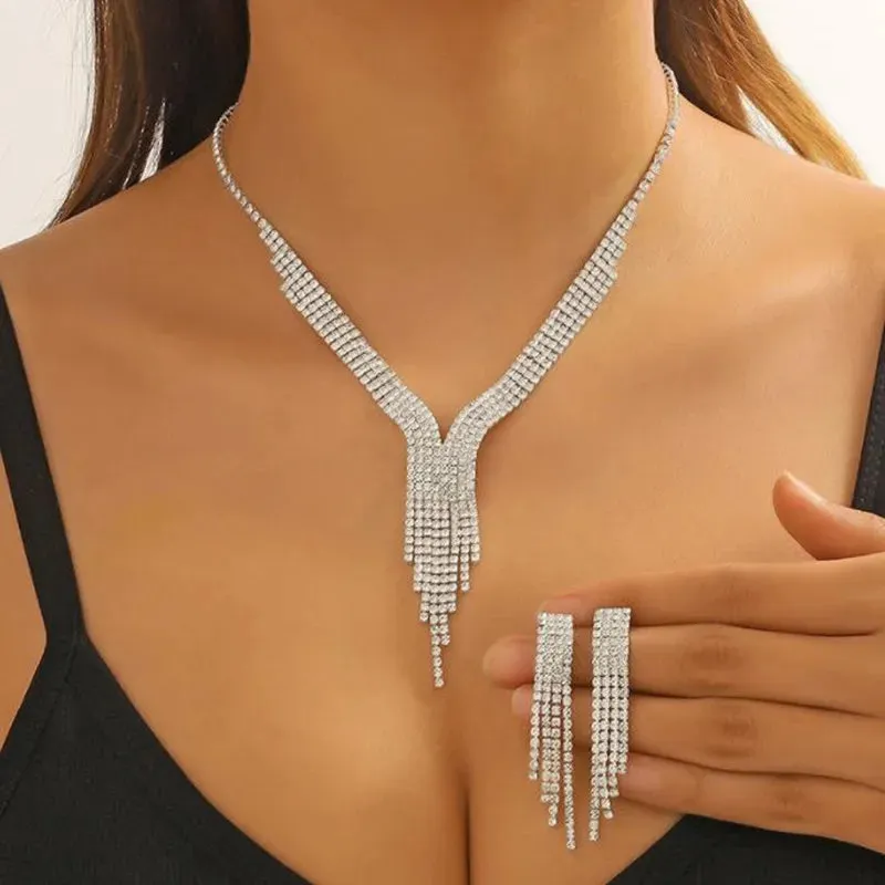 Geometric Rhinestone Necklace Earrings For Women Long Tassel Jewelry Sets Ladies Weddings Banquet Accessory