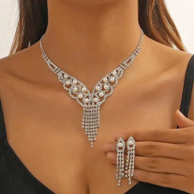 Geometric Rhinestone Necklace Earrings For Women Long Tassel Jewelry Sets Ladies Weddings Banquet Accessory
