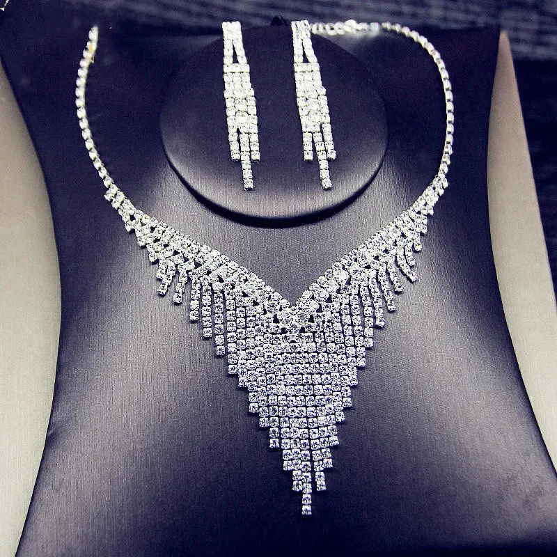 Geometric Rhinestone Necklace Earrings For Women Long Tassel Jewelry Sets Ladies Weddings Banquet Accessory