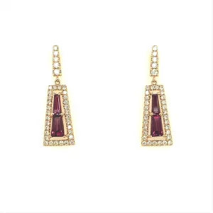 Geometric Shaped Rhodolite Garnet and Diamond Dangle Earrings