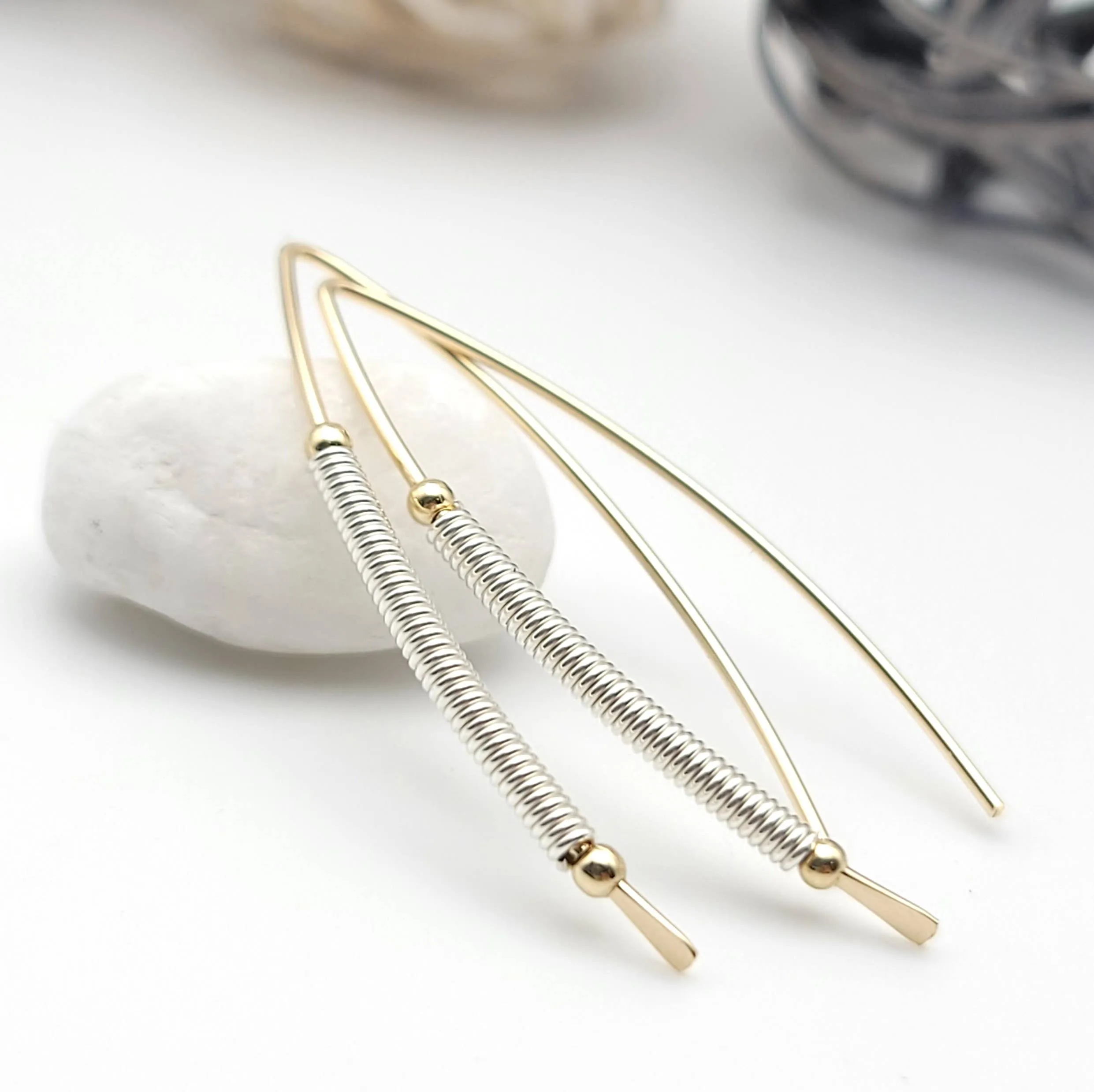 Gold and Silver Coil Wishbone Threader Earrings