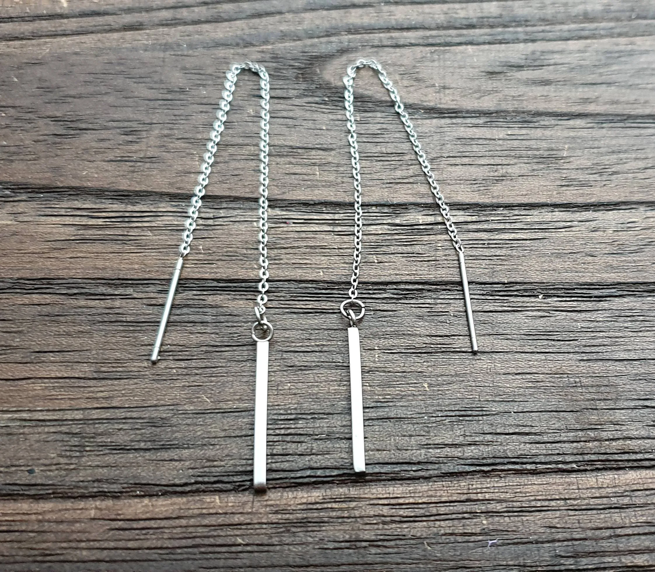Gold Bar Threader Earrings, Stainless Steel Long Bar Dangles. Choose Silver or Gold