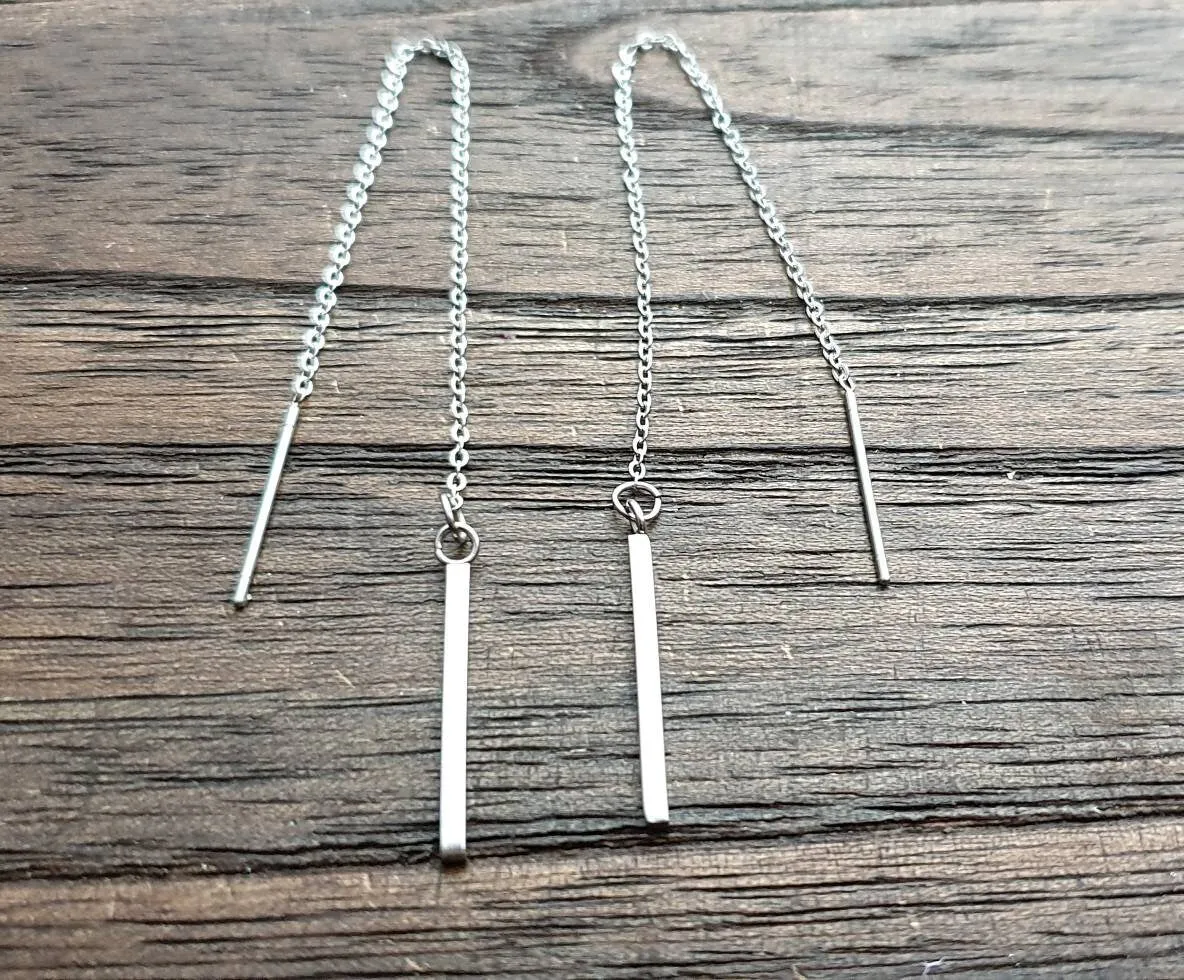 Gold Bar Threader Earrings, Stainless Steel Long Bar Dangles. Choose Silver or Gold