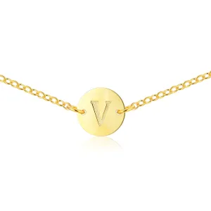 Gold Coin Initial Necklace [ Letter V ] - .925 Sterling [18K Gold Plated] Dainty Disc [14 Inch]