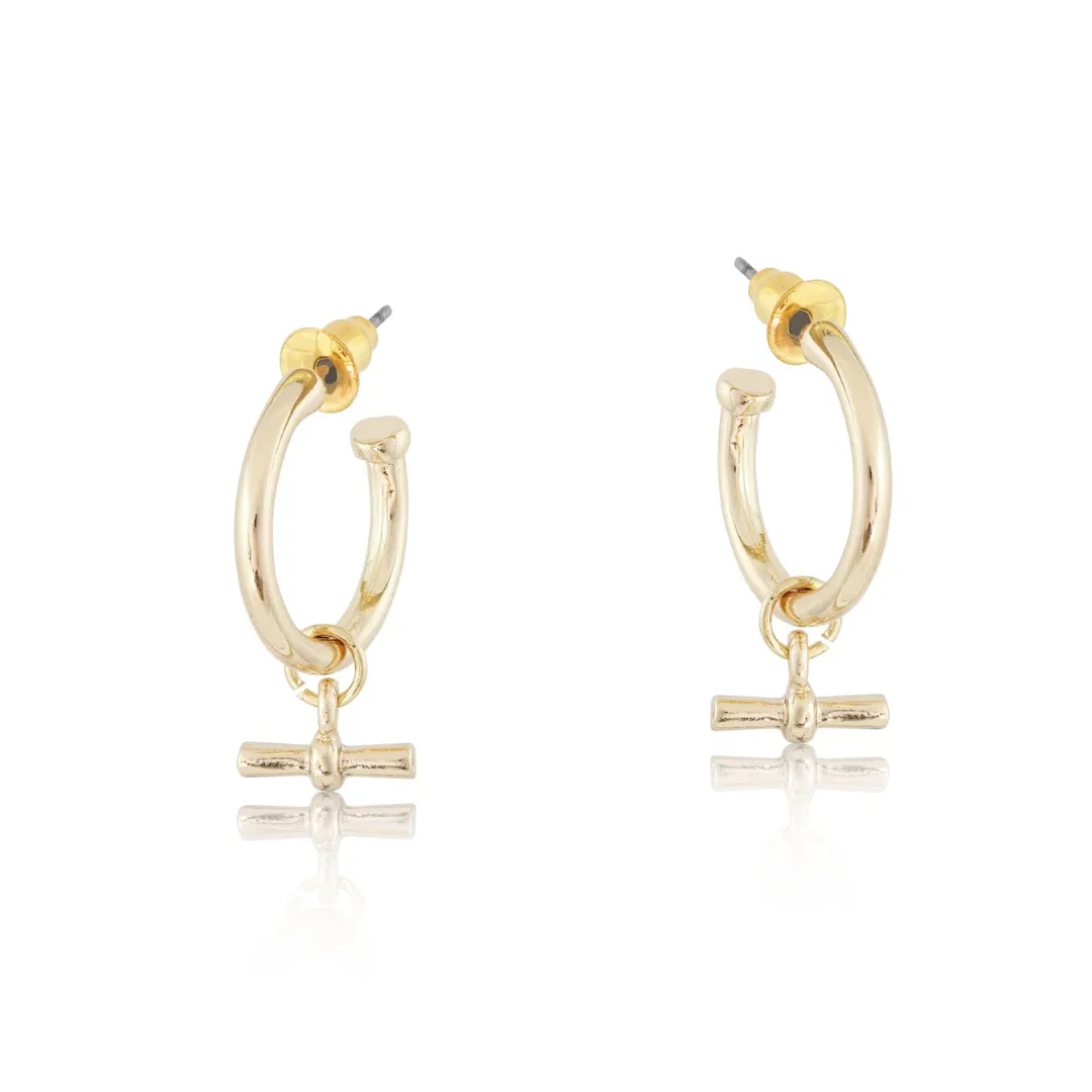 Gold Octavia T Bar Tiny Hoop Earrings