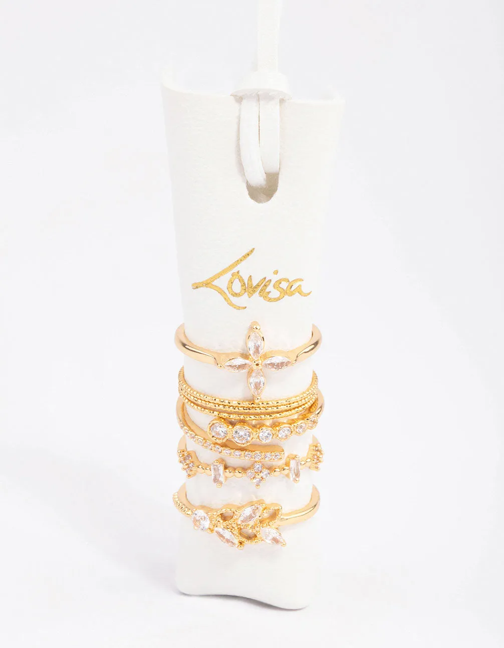 Gold Plated Cubic Zirconia Leafy Mixed Ring 5-Pack