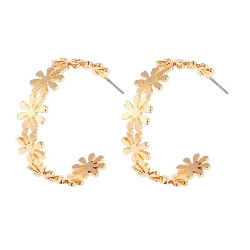 Golden Geometric C-Shaped Flower Drop Earrings for Women