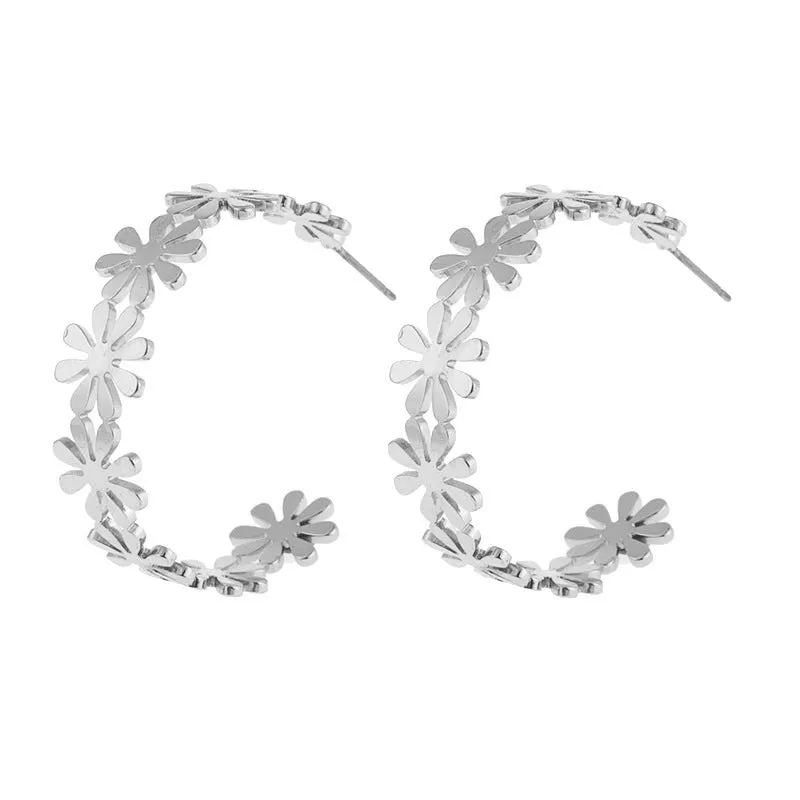 Golden Geometric C-Shaped Flower Drop Earrings for Women