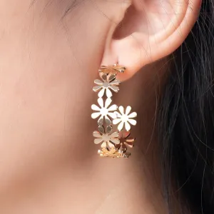Golden Geometric C-Shaped Flower Drop Earrings for Women