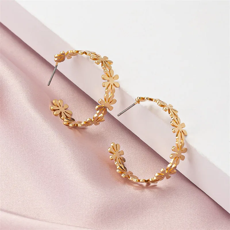 Golden Geometric C-Shaped Flower Drop Earrings for Women
