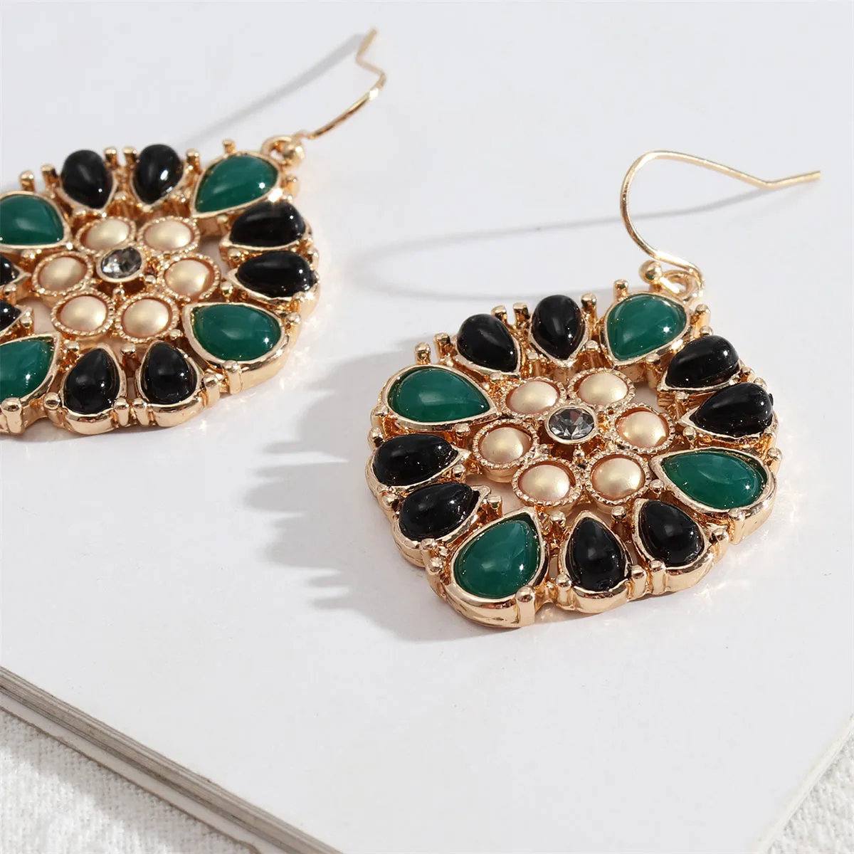 Green Cubic Zirconia & Resin Pearl 18K Gold-Plated Flower Drop Earrings