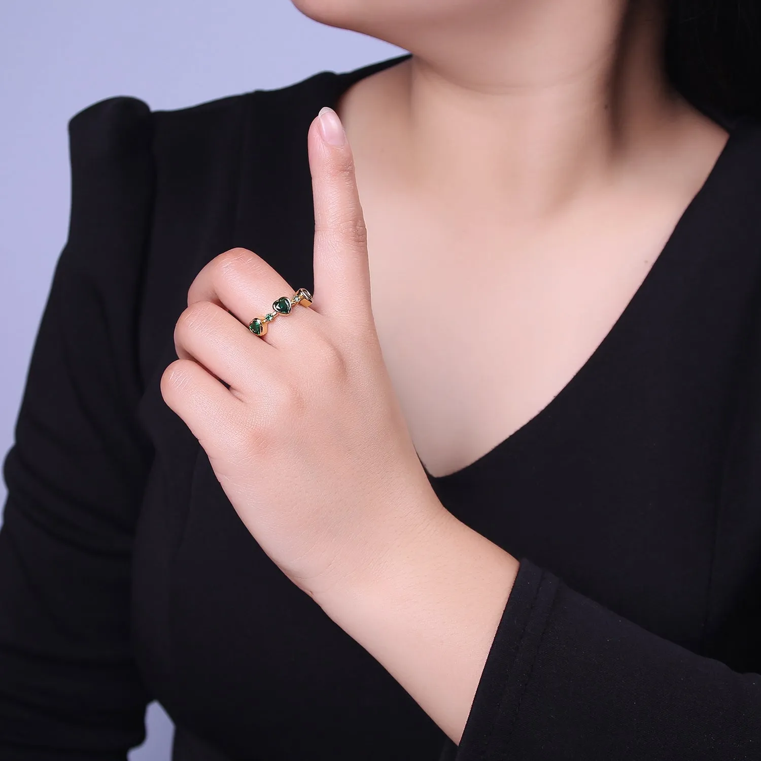 Green Emerald Cz Heart Ring Open Adjustable Ring  O-2039