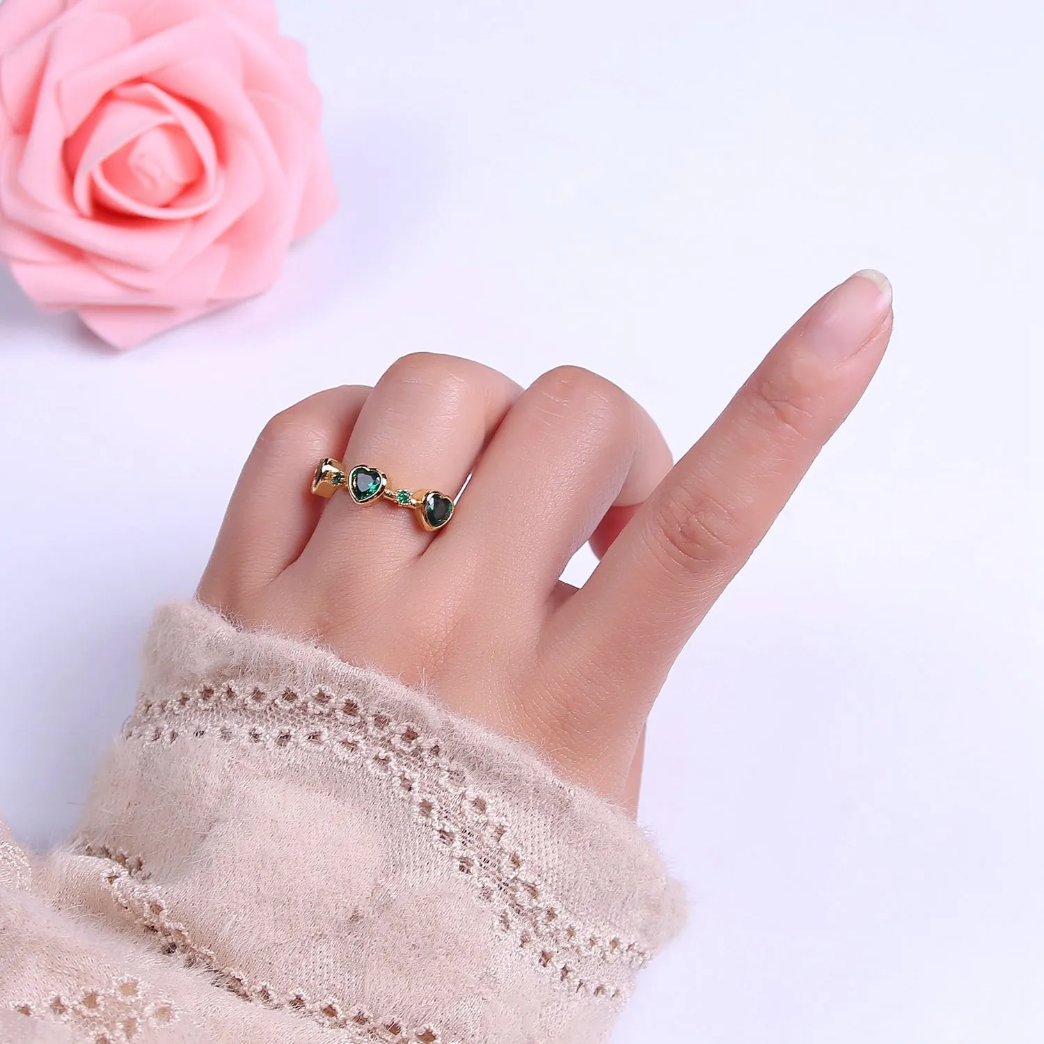 Green Emerald Cz Heart Ring Open Adjustable Ring  O-2039