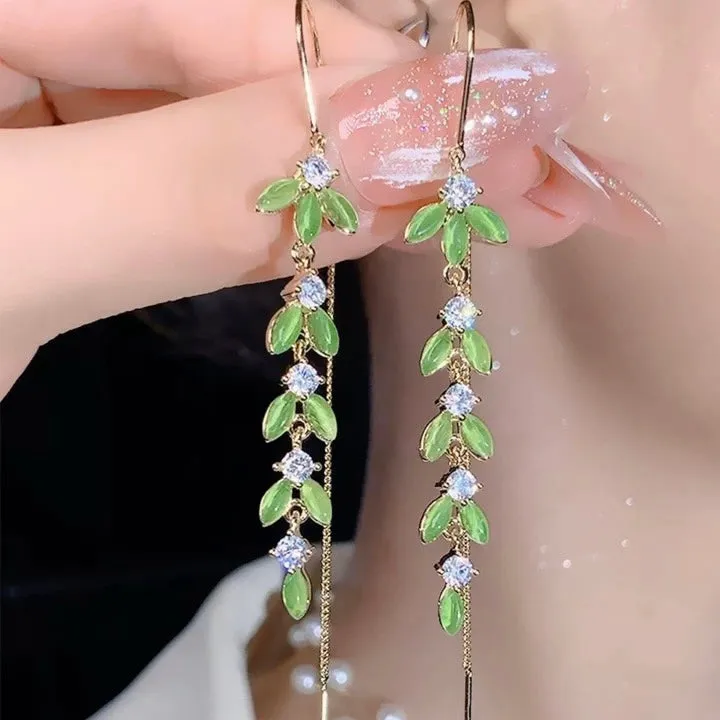 Green Leaves Threader Earrings