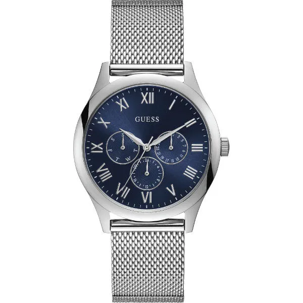 Guess Watson Silver Mesh Bracelet Blue Dial Quartz Watch for Gents - W1129G2