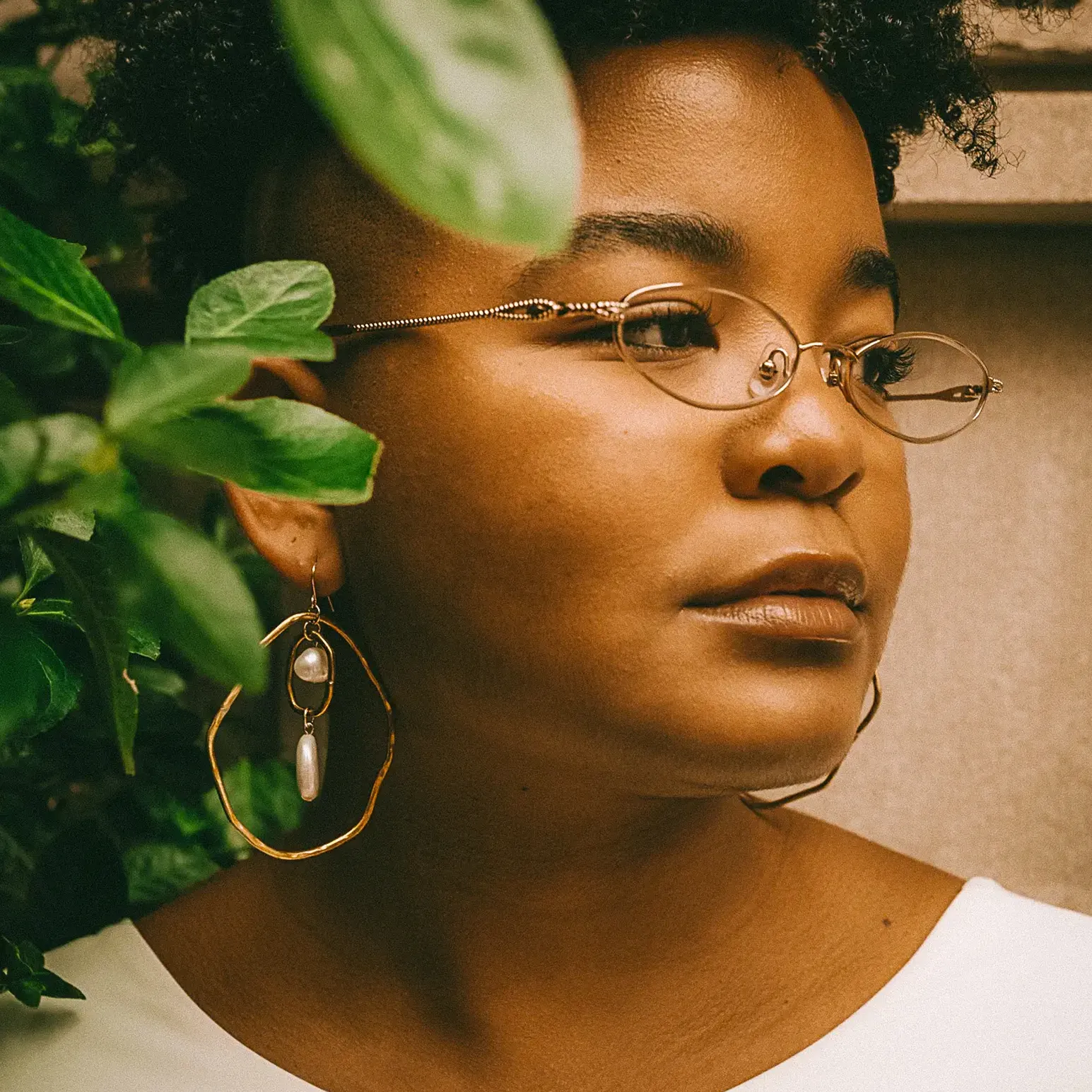 Hammered Brass Hoop and Pearl Earrings by Metrix