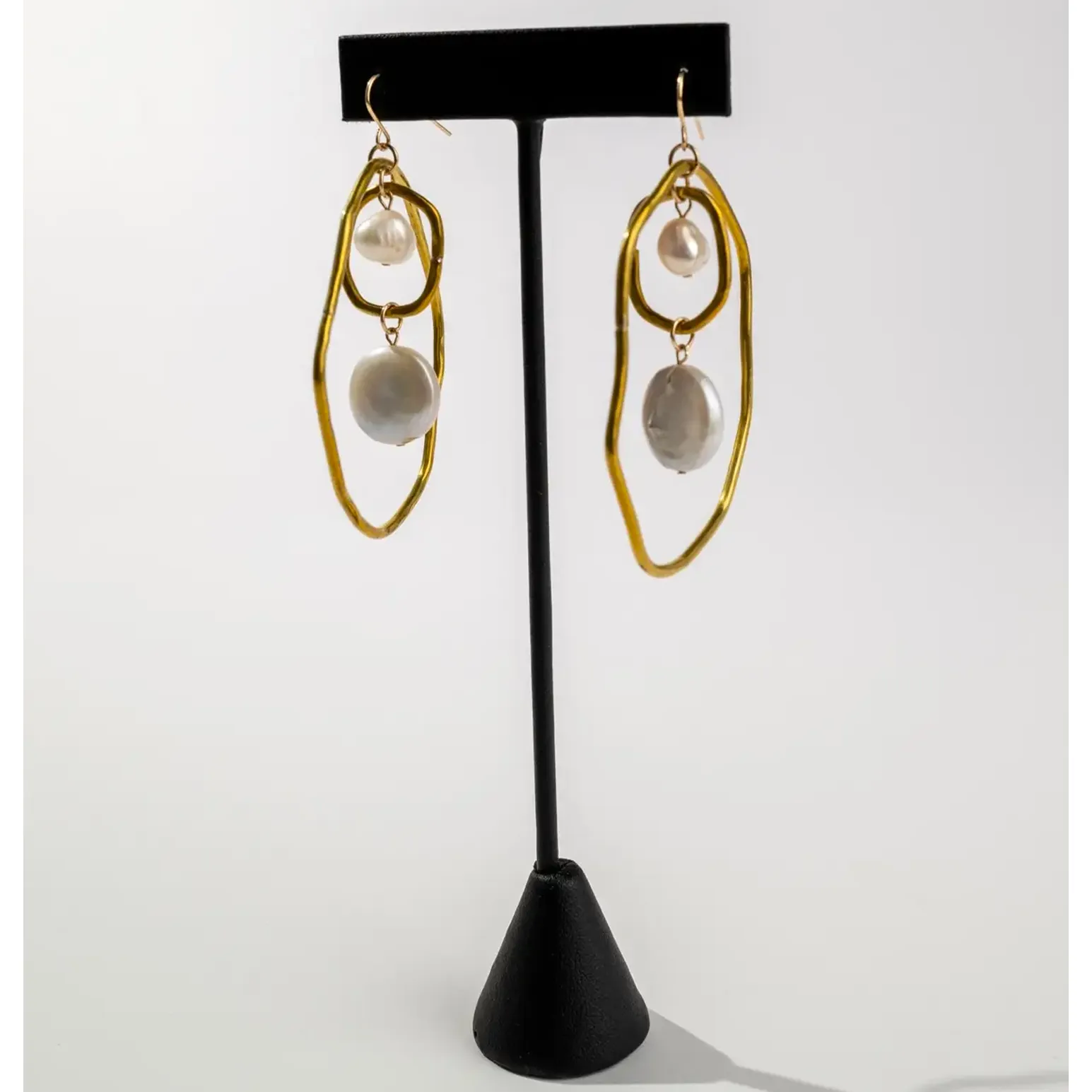 Hammered Brass Hoop and Pearl Earrings by Metrix