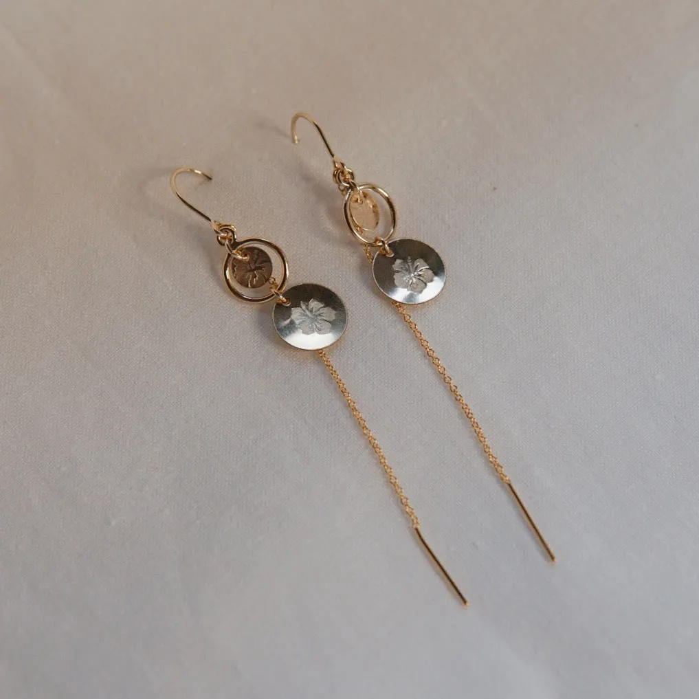 Hibiscus Disc & Threader Dangle Earrings