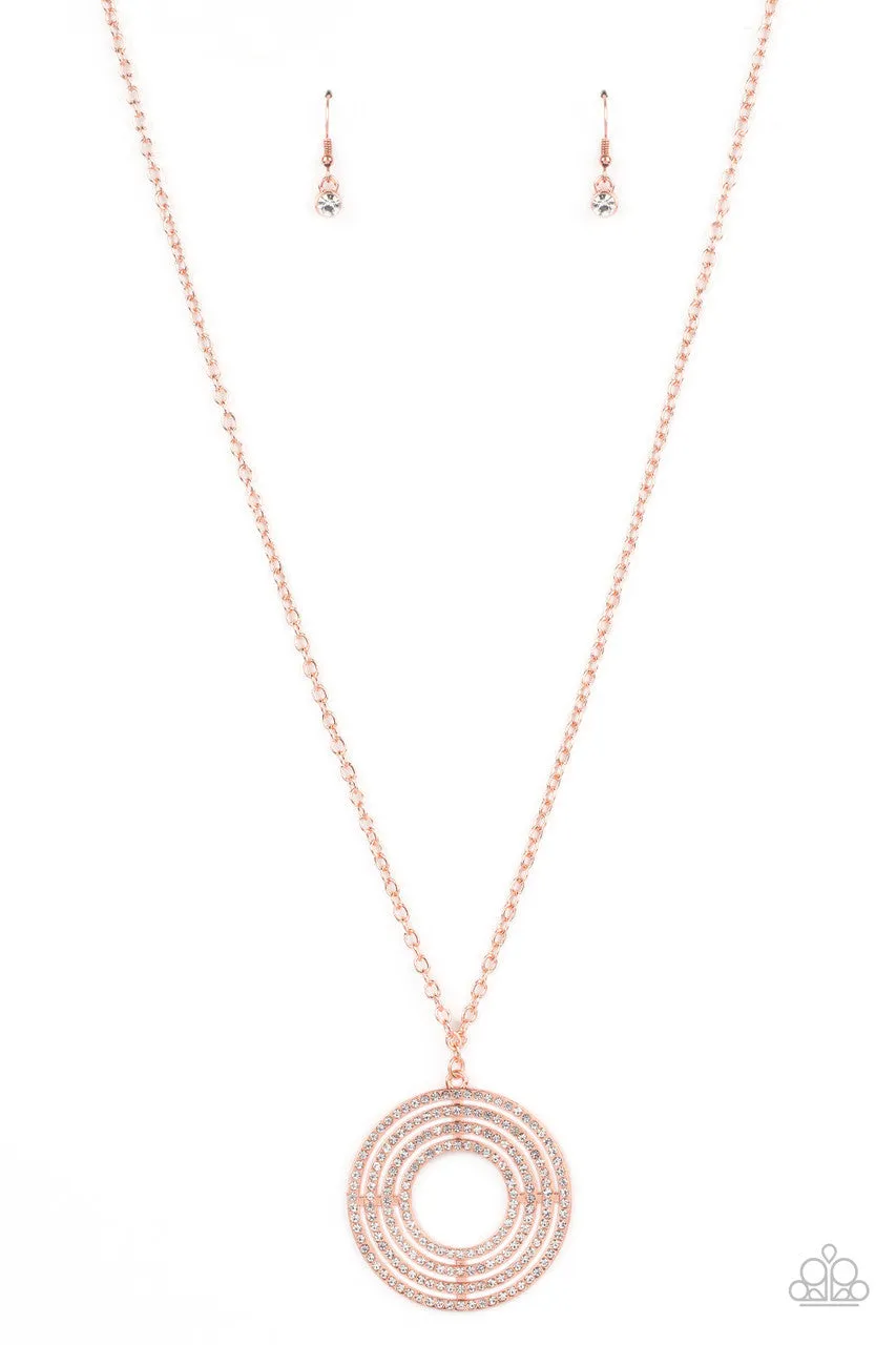 High-Value Target - Copper - White Rhinestone Encrusted Circle Paparazzi Long Necklace