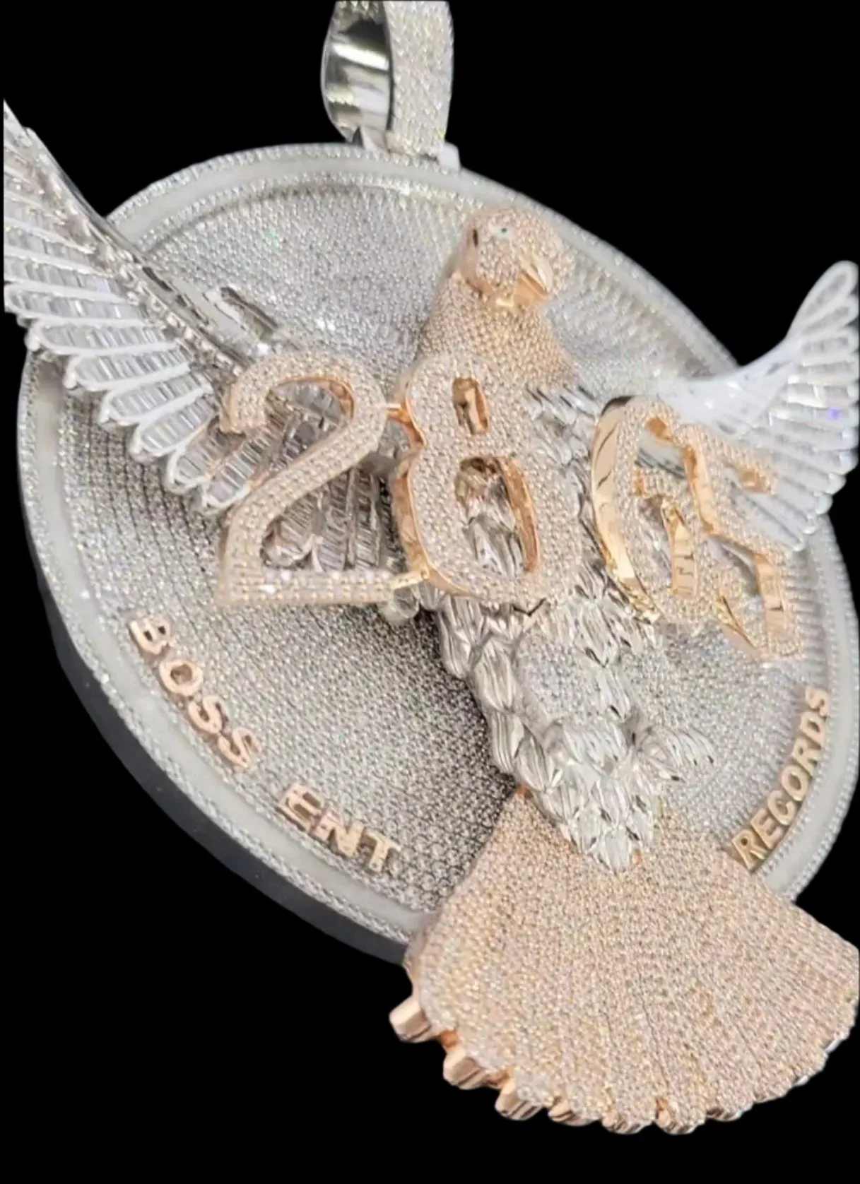 Huge Glow in the Dark two tone White-Rose 3D pop-up Eagle on Circle Pendant Charm