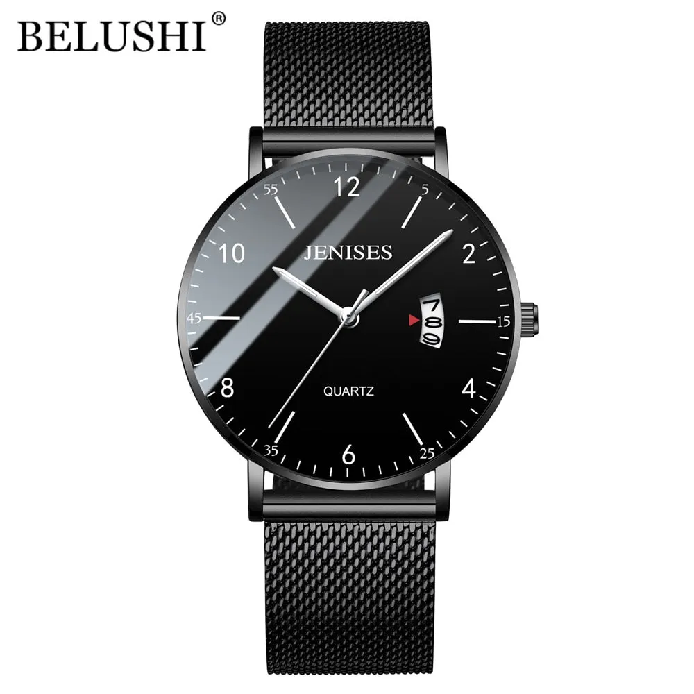 JENISES Fashion Ultra-thin Mens Watches Simple Wristwatch Clock Stainless Ssteel Mesh Belt Quartz Men Watch Calendar Wristwatch