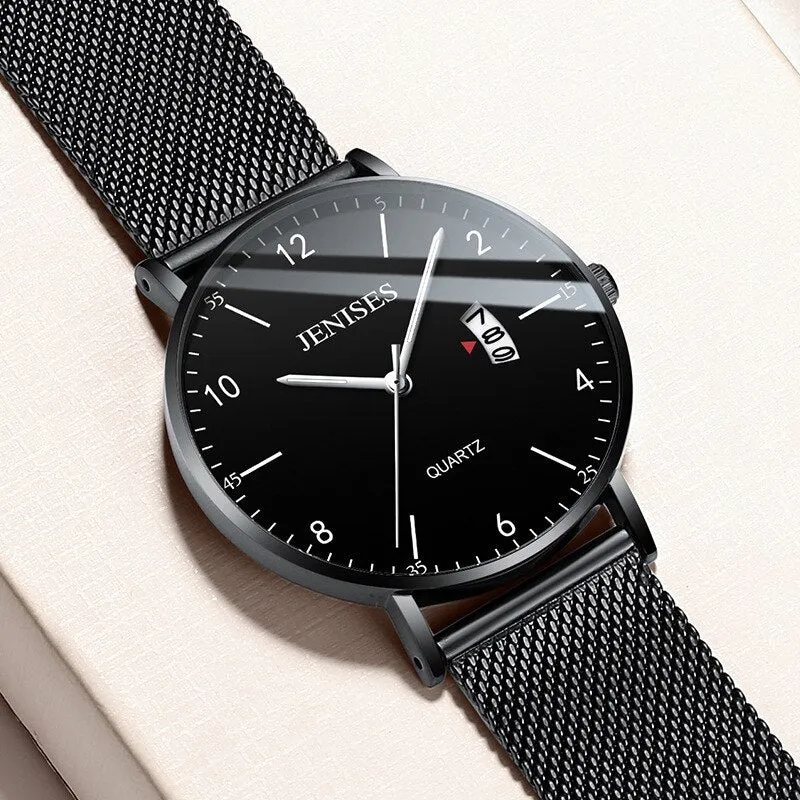 JENISES Fashion Ultra-thin Mens Watches Simple Wristwatch Clock Stainless Ssteel Mesh Belt Quartz Men Watch Calendar Wristwatch