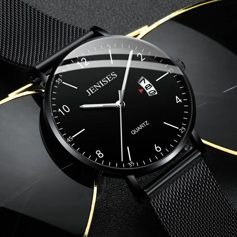 JENISES Fashion Ultra-thin Mens Watches Simple Wristwatch Clock Stainless Ssteel Mesh Belt Quartz Men Watch Calendar Wristwatch