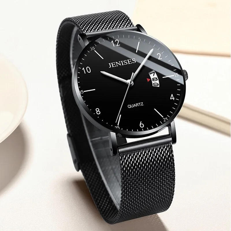 JENISES Fashion Ultra-thin Mens Watches Simple Wristwatch Clock Stainless Ssteel Mesh Belt Quartz Men Watch Calendar Wristwatch