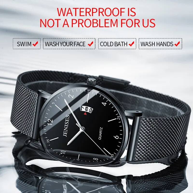 JENISES Fashion Ultra-thin Mens Watches Simple Wristwatch Clock Stainless Ssteel Mesh Belt Quartz Men Watch Calendar Wristwatch