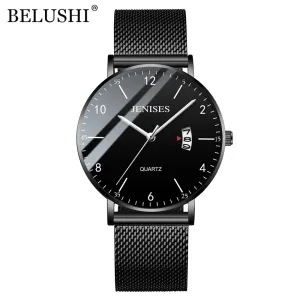 JENISES Fashion Ultra-thin Mens Watches Simple Wristwatch Clock Stainless Ssteel Mesh Belt Quartz Men Watch Calendar Wristwatch