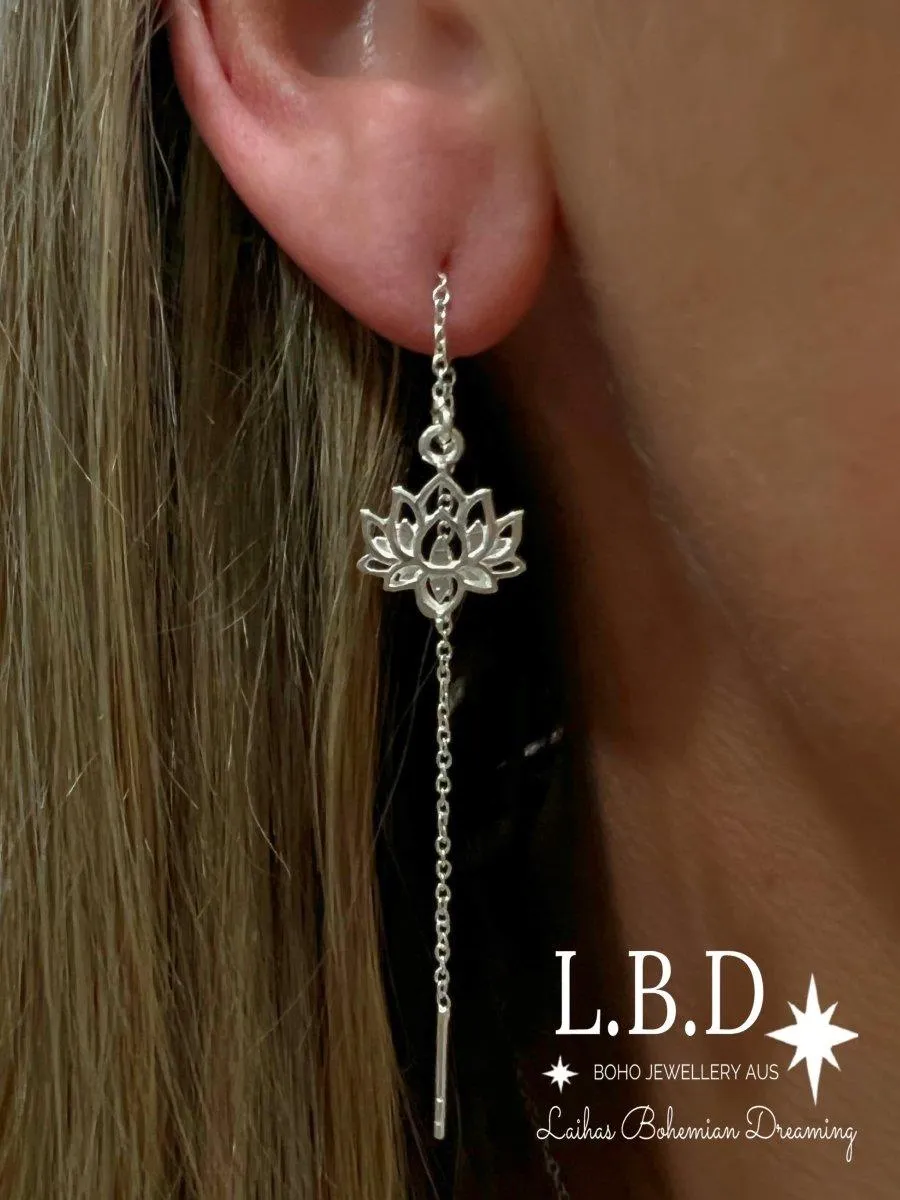 Laihas Boho Chic Lotus Flower Threader Earrings- Sterling Silver
