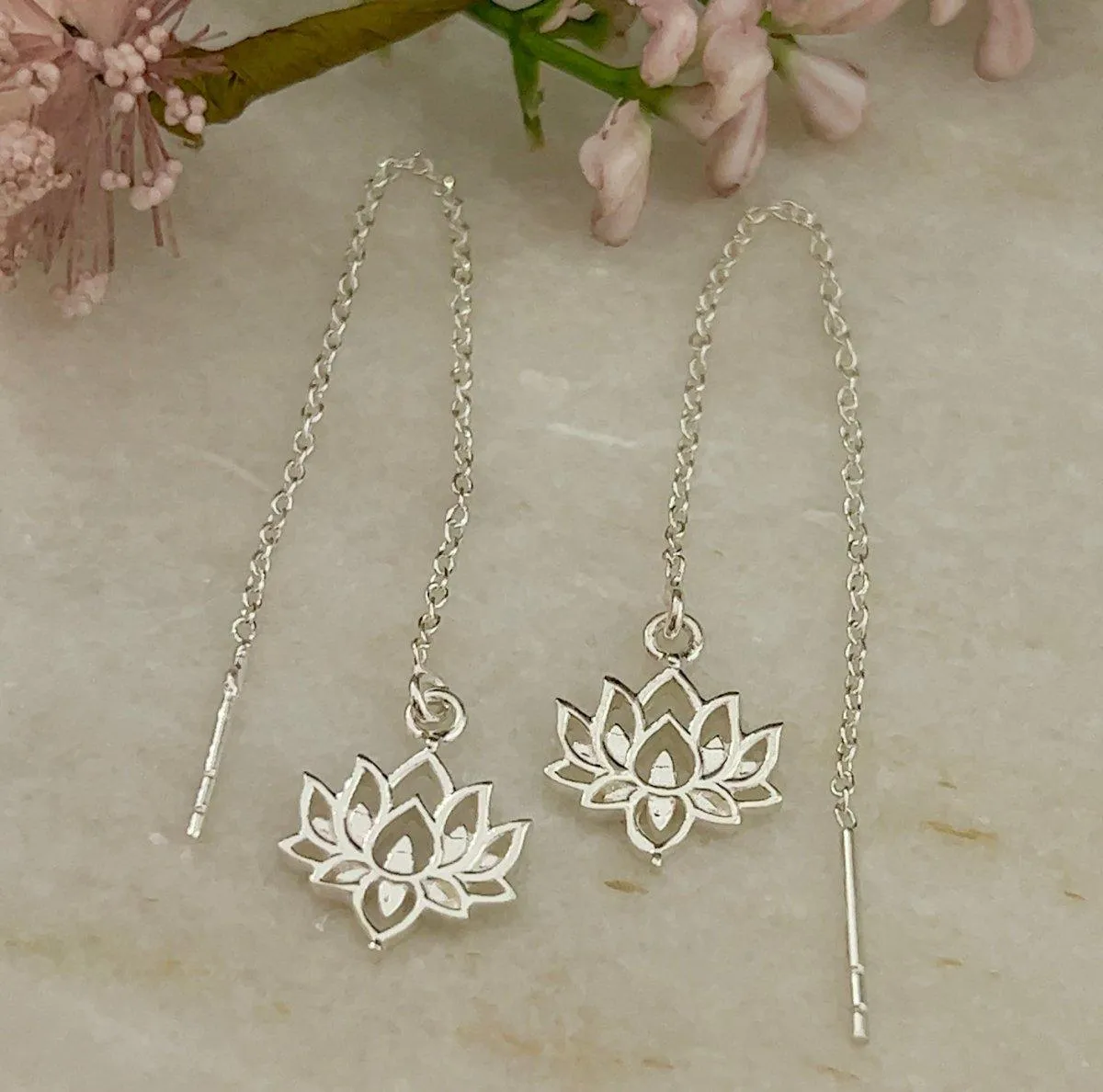 Laihas Boho Chic Lotus Flower Threader Earrings- Sterling Silver