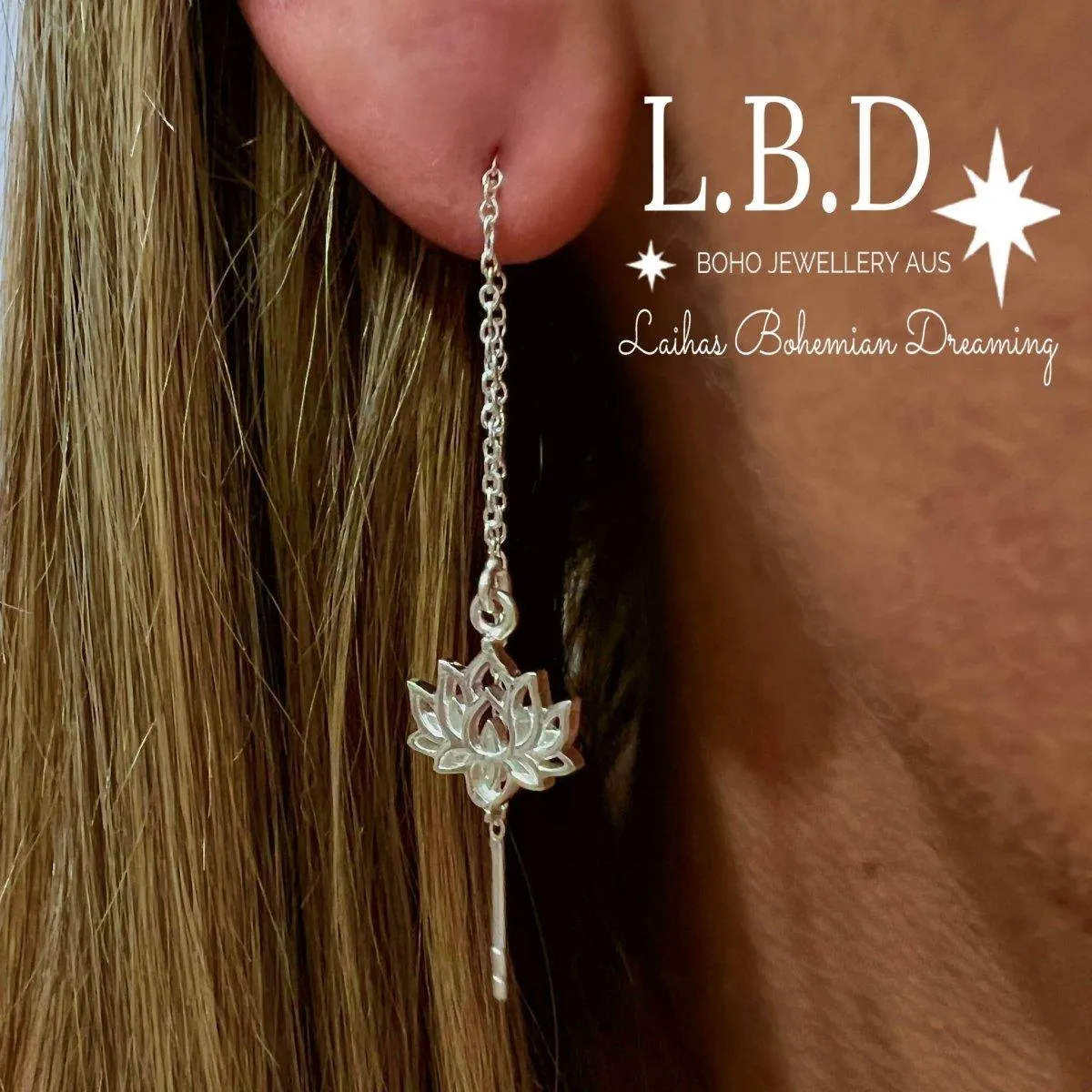 Laihas Boho Chic Lotus Flower Threader Earrings- Sterling Silver