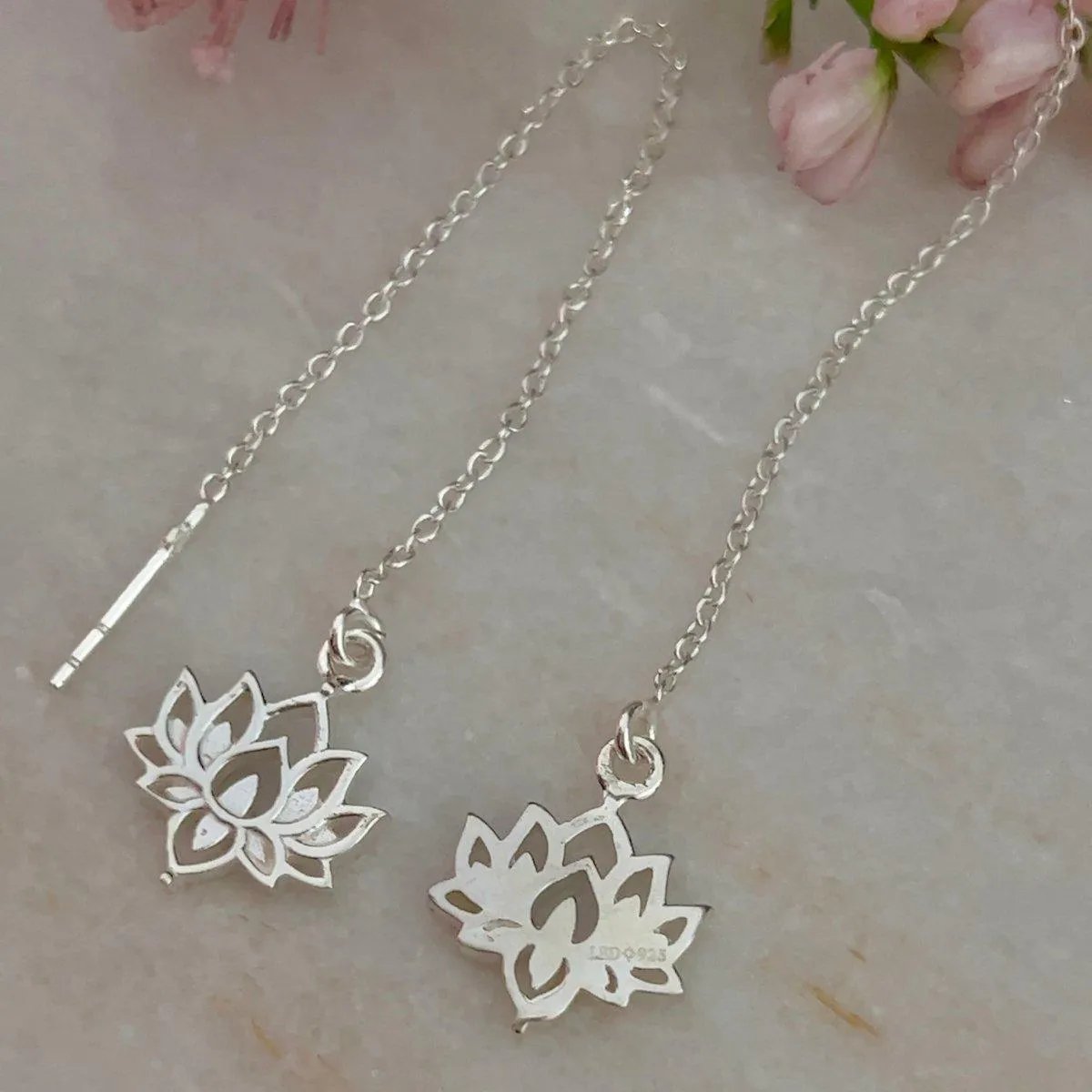 Laihas Boho Chic Lotus Flower Threader Earrings- Sterling Silver