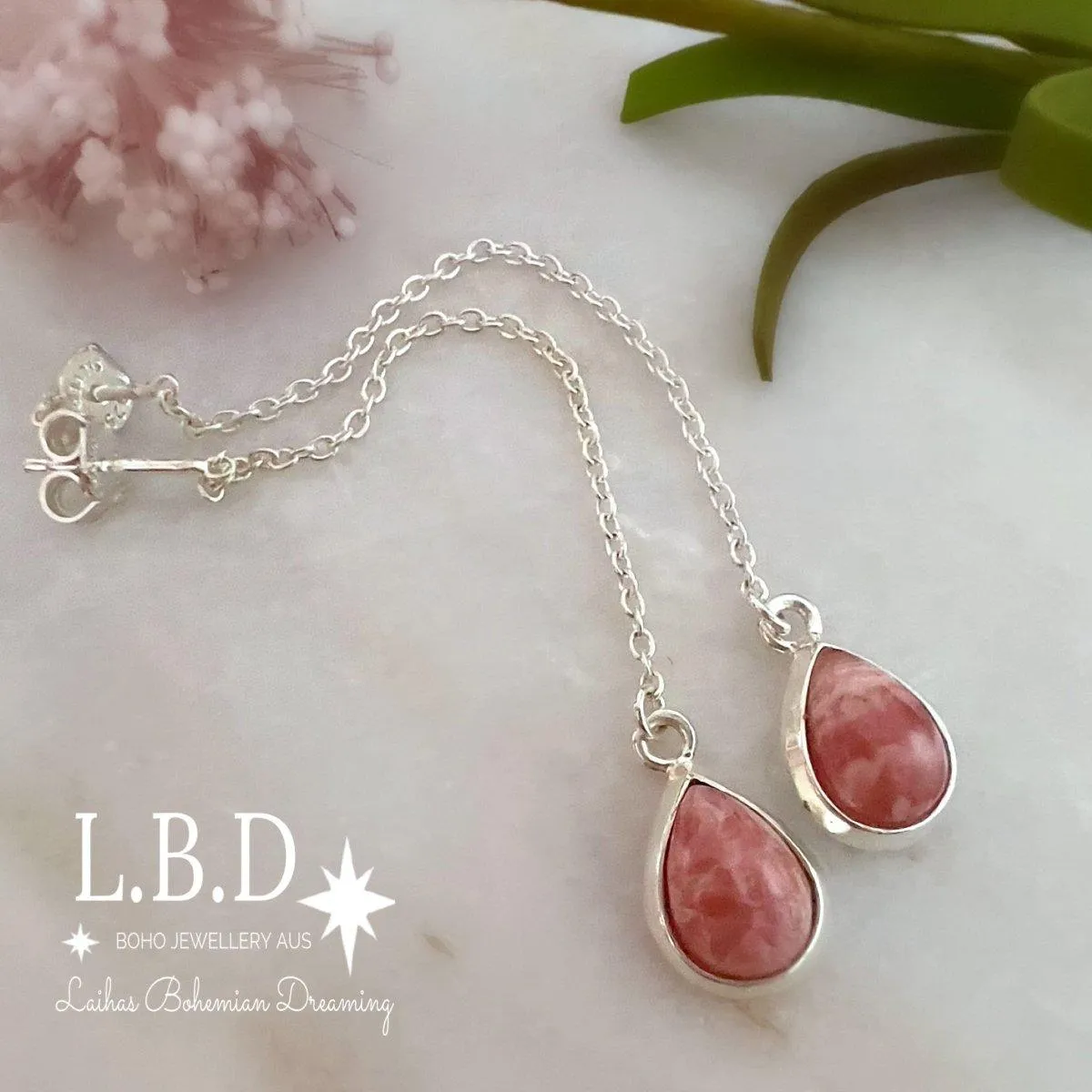 Laihas Classic Chic Threader Rhodochrosite Earrings