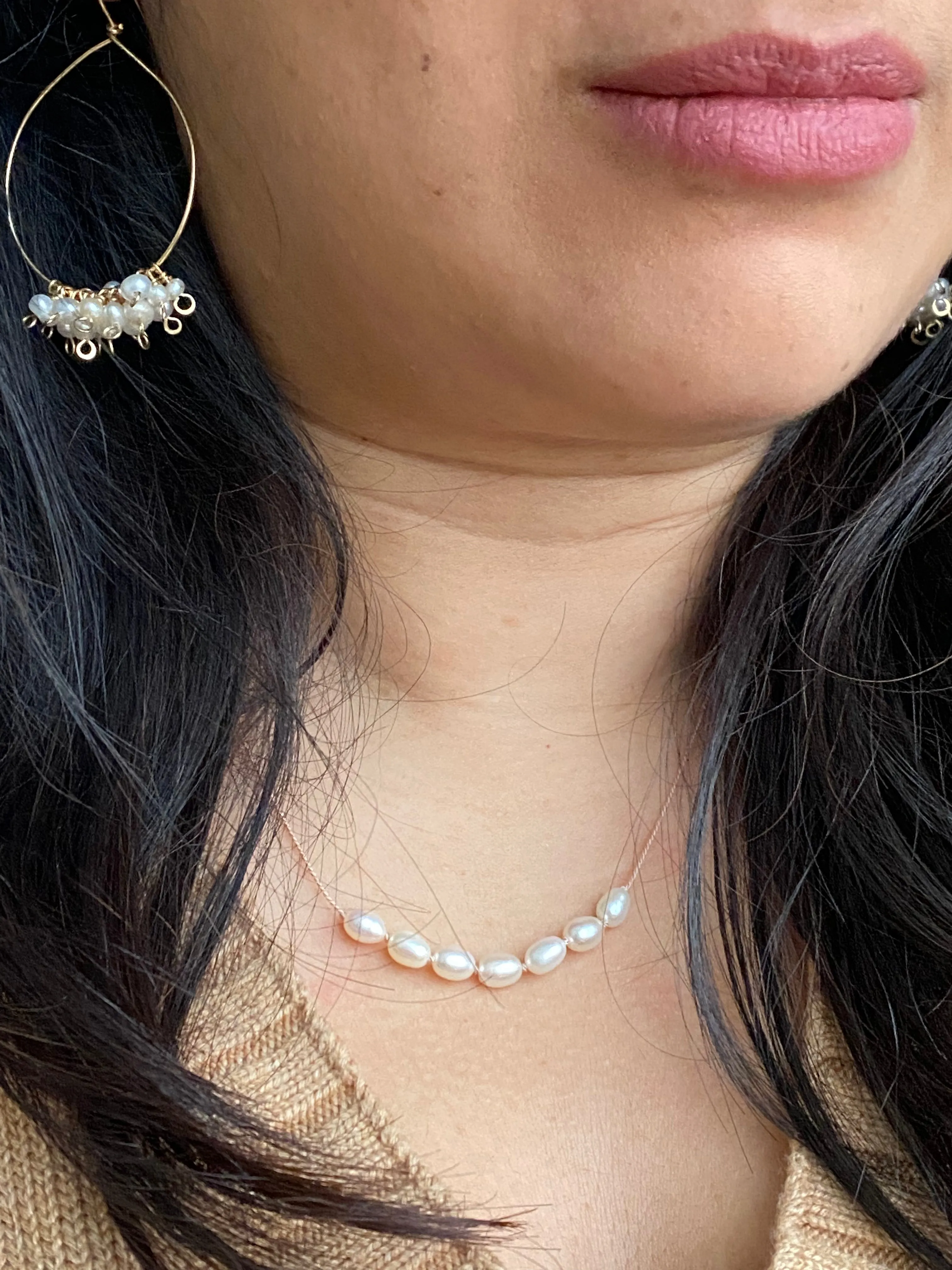 Large Rice Pearl Bar on a Silk Cord - 17 inch Pearl Cord Necklace