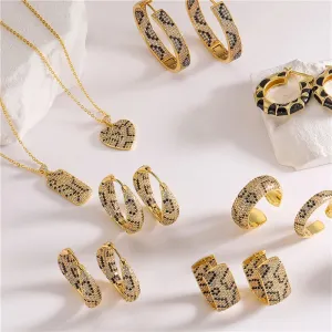Leopard Print hoop Earrings rings necklace Fashion black white Cubic Zirconia women Geometric Jewelry set