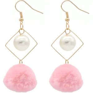 Light Pink Pom Pom Rhombus Shaped Dangle Earrings