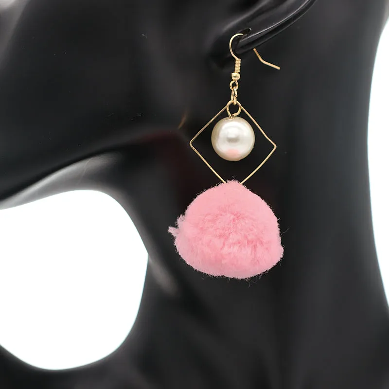 Light Pink Pom Pom Rhombus Shaped Dangle Earrings