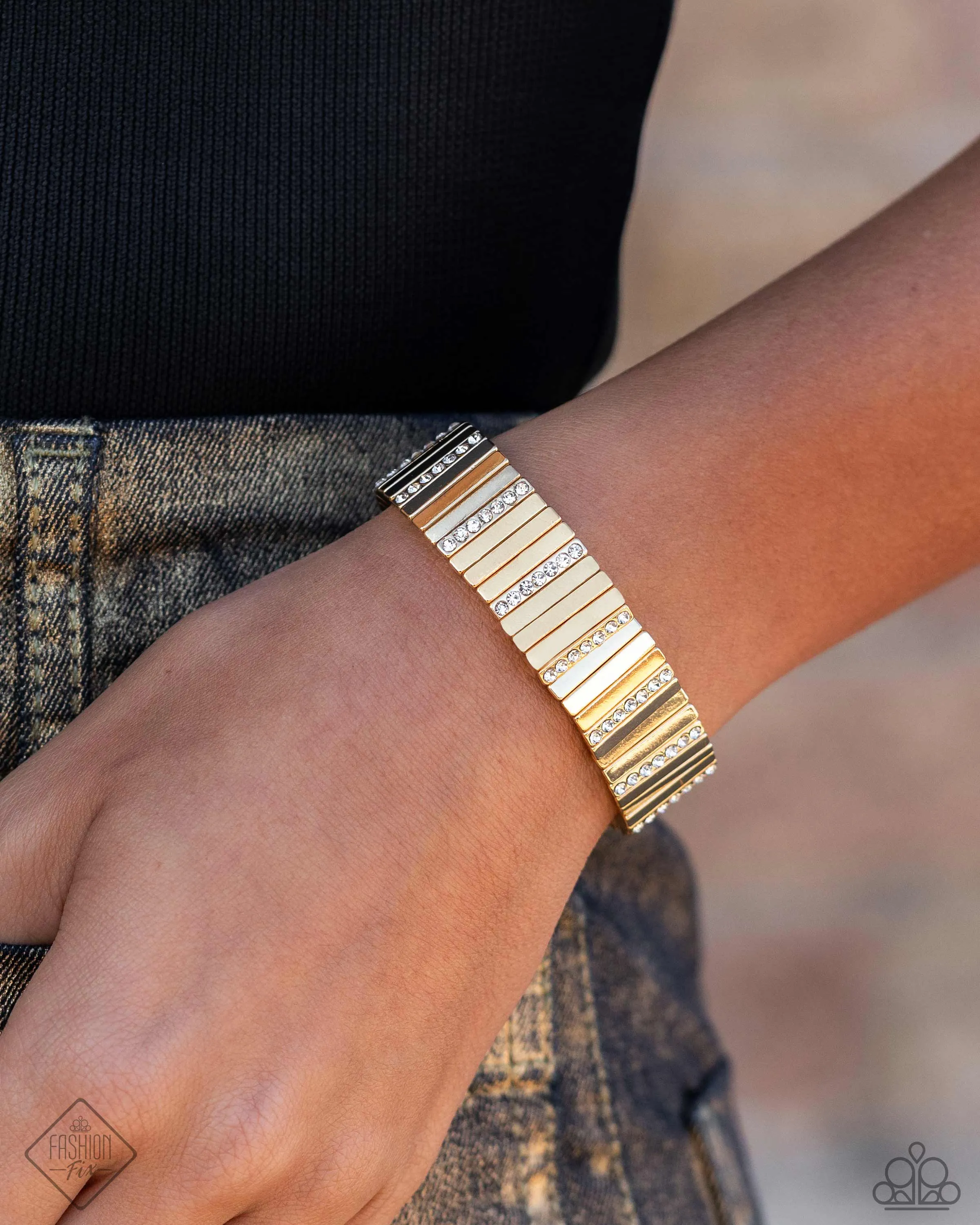 Linear Legend - Gold - Rhinestone Studded Bar Paparazzi Stretchy Bracelet - May 2024 Magnificent Musings