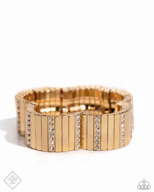 Linear Legend - Gold - Rhinestone Studded Bar Paparazzi Stretchy Bracelet - May 2024 Magnificent Musings