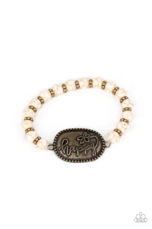 Lively Landscape - Brass - White Stone Bead "Be Happy" Inspirational Paparazzi Stretchy Bracelet