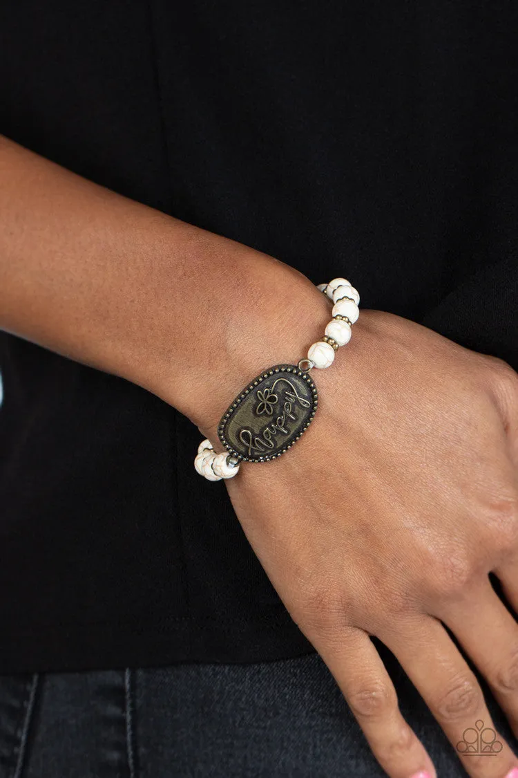 Lively Landscape - Brass - White Stone Bead "Be Happy" Inspirational Paparazzi Stretchy Bracelet