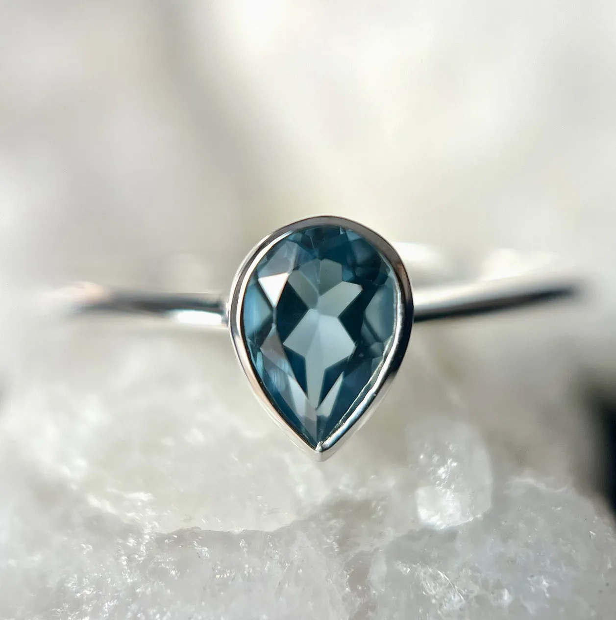 London Blue Topaz Teardrop Sterling Silver Ring - SIZE 8