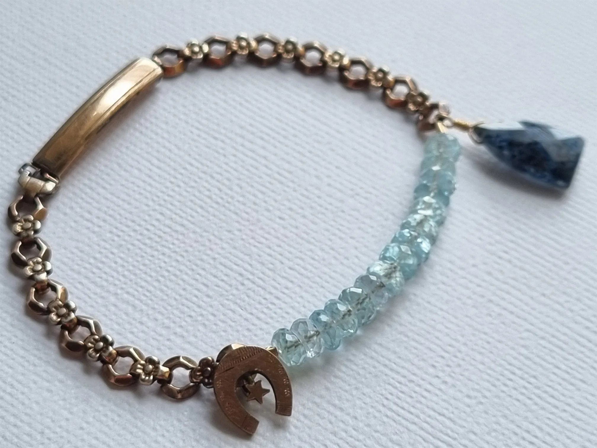 lucky charm bracelet | vintage watch band bracelet with aquamarine kyanite and antique horseshoe charm
