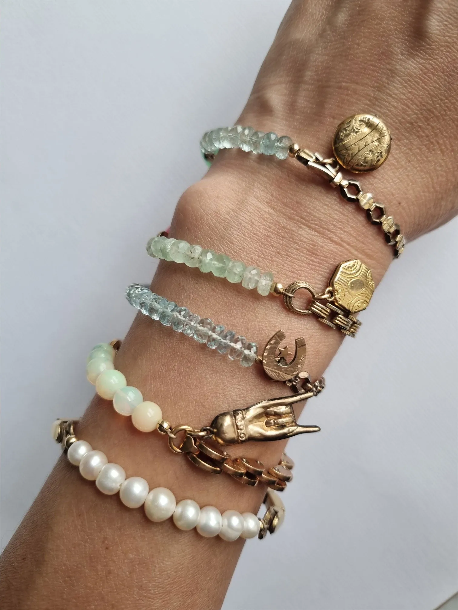 lucky charm bracelet | vintage watch band bracelet with aquamarine kyanite and antique horseshoe charm
