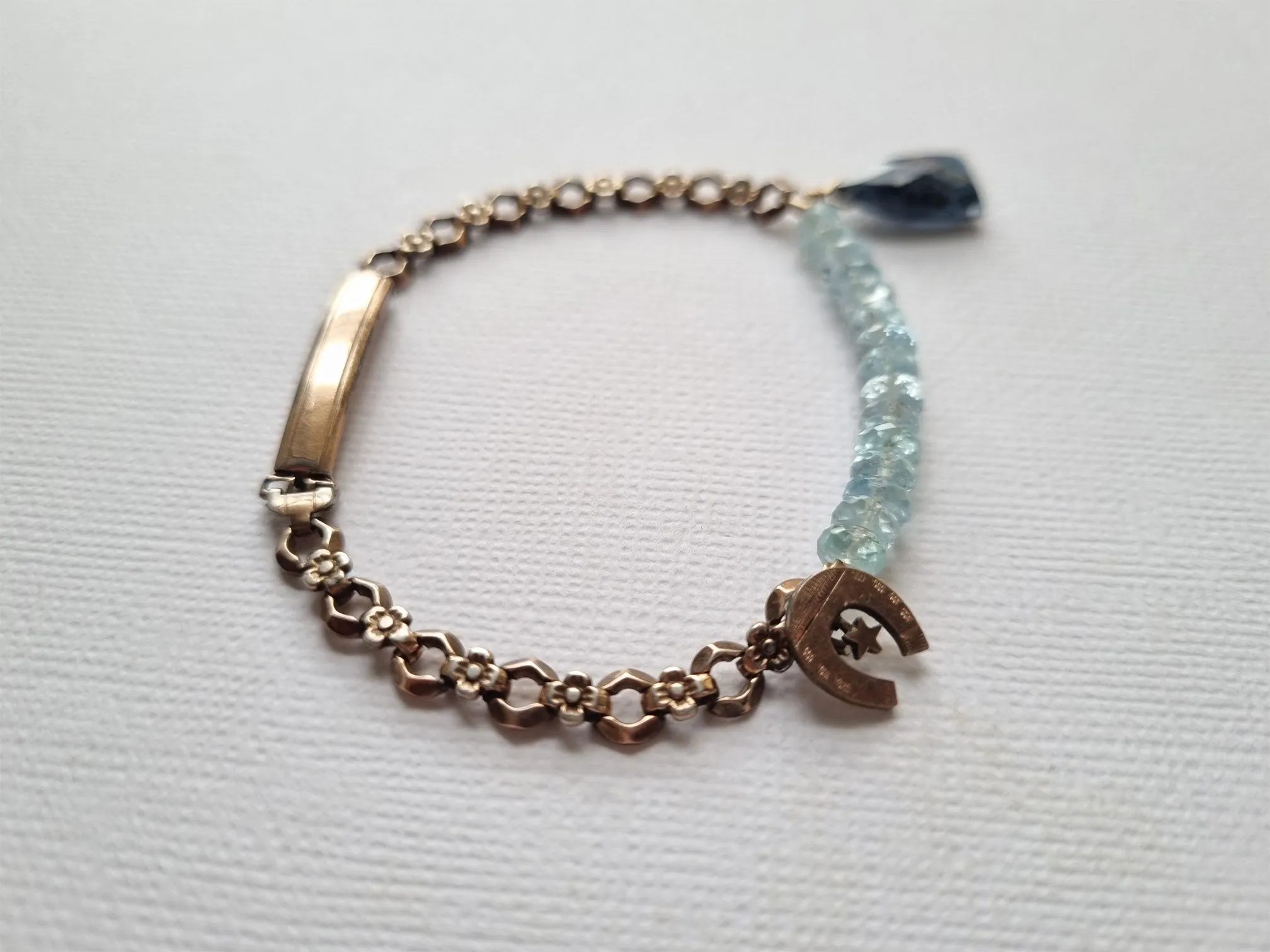 lucky charm bracelet | vintage watch band bracelet with aquamarine kyanite and antique horseshoe charm