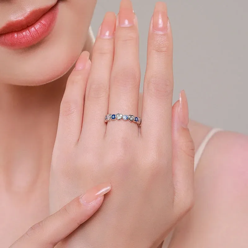 Lucky Turkish Blue Evil Eye Zircon Open Rings Enamel Love Heart Demon Eyes Finger Rings Party Jewelry
